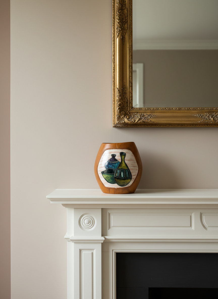 Italian Studio Ceramic Plaque on Leather-Wrapped Vessel, in the Manner of Marcello Fantoni, circa 1960s