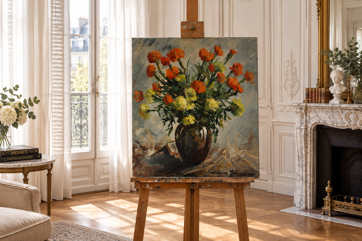 Artwork on an easel in a French apartment