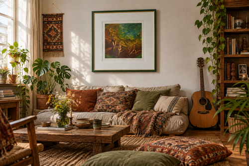 Artwork on the wall of a relaxed apartment with floor cushions and a guitar