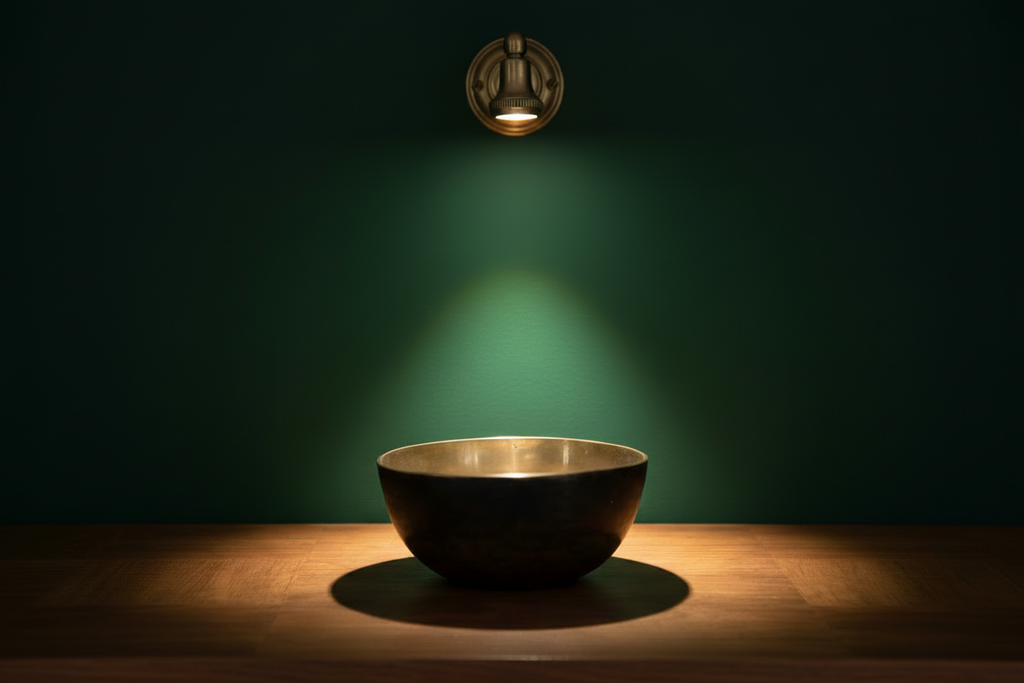 Bronze bowl brightly lit on wooden shelf with emerald green background