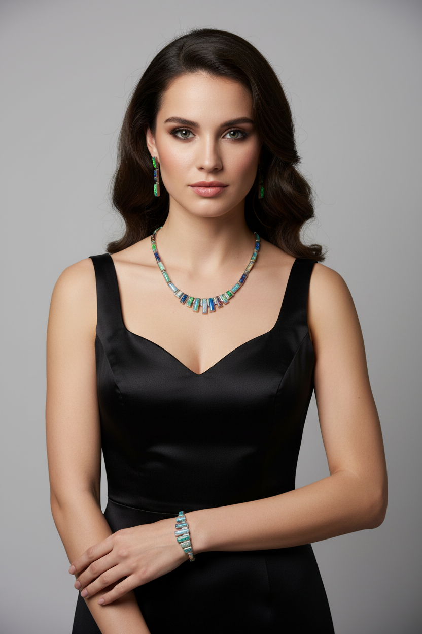 Brunette model wearing opal jewellery set