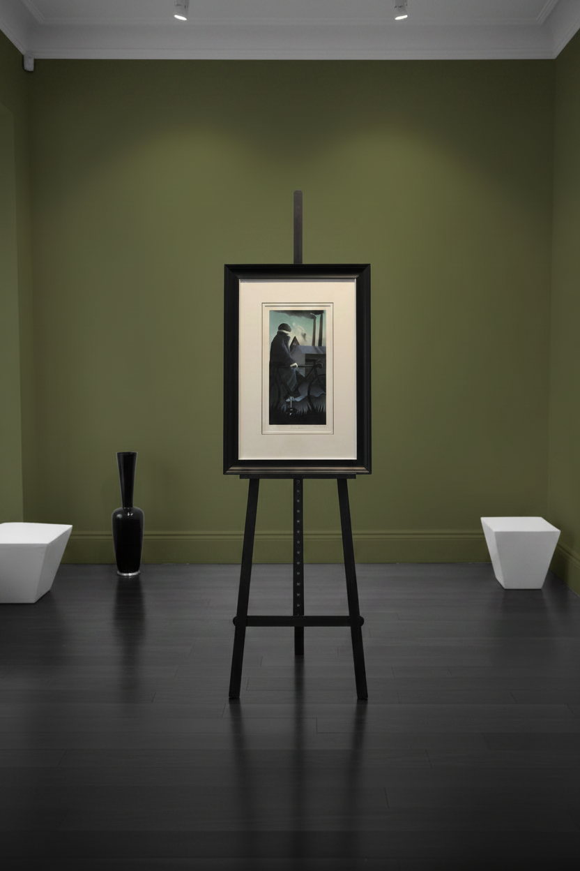 Framed artwork on easel with olive green gallery walls