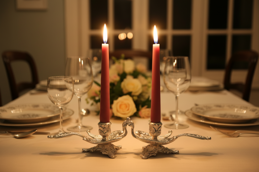Swan Candlesticks on Bright Elegant Dinner Table