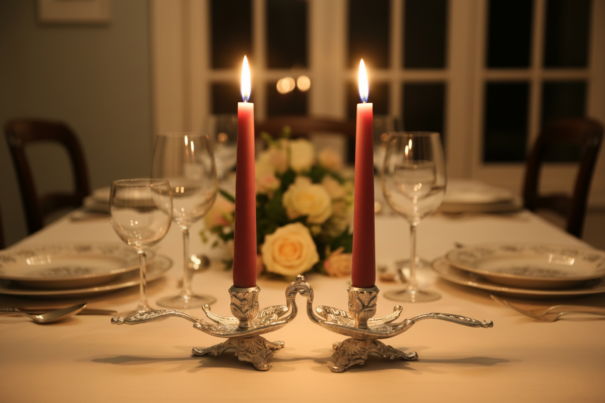 Swan Candlesticks on Bright Elegant Dinner Table