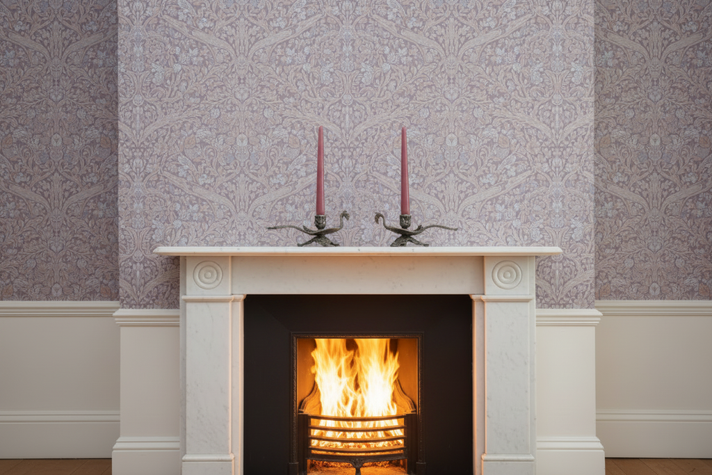Swan Candlesticks on Regency Fireplace with Roaring Fire