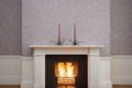 Swan Candlesticks on Regency Fireplace with Roaring Fire