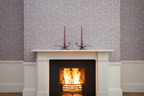 Swan Candlesticks on Regency Fireplace with Roaring Fire