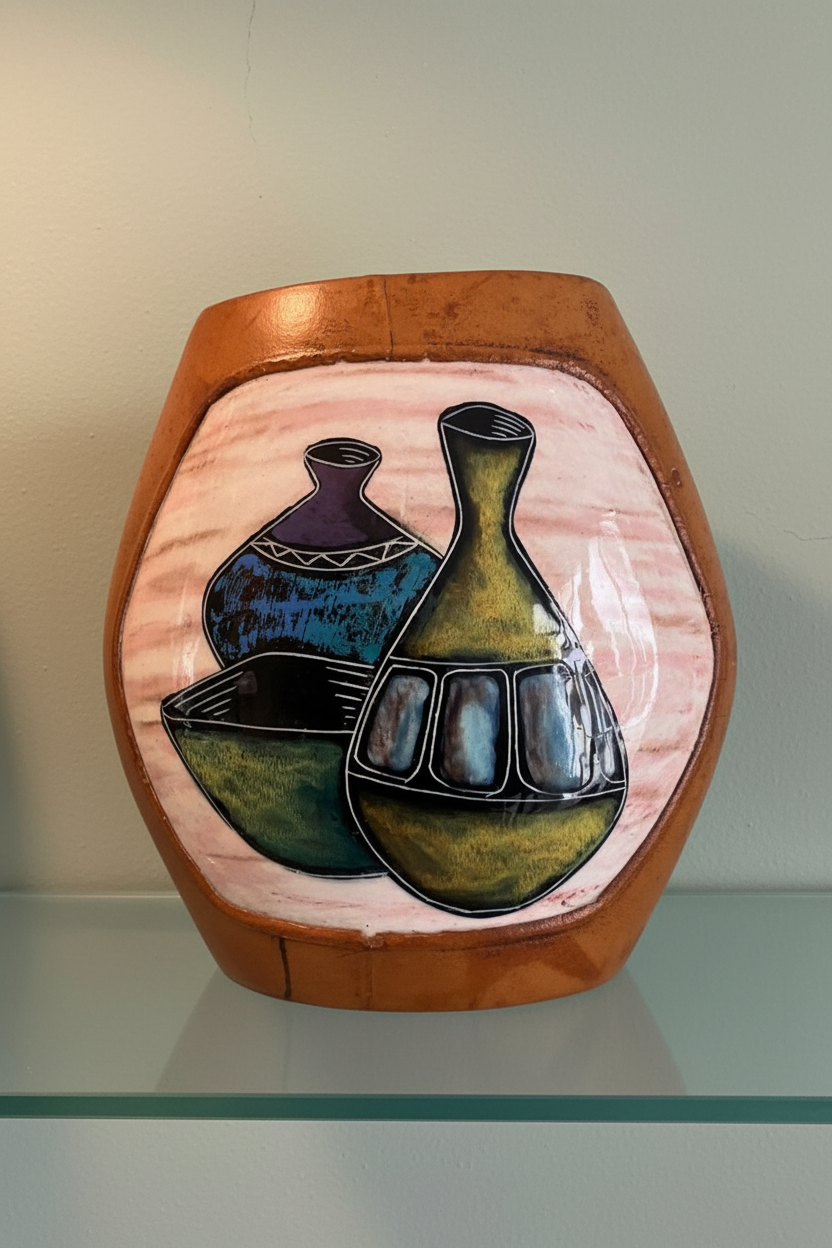 Vase on glass shelf with pale green plaster wall